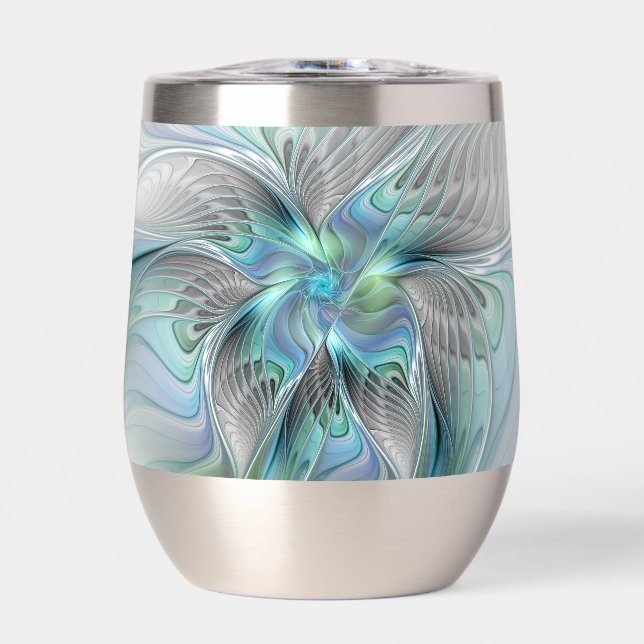 Abstract Blue Green Butterfly Fantasy Fractal Art Thermal Wine Tumbler (Front)