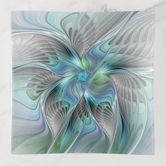 Abstract Blue Green Butterfly Fantasy Fractal Art Trinket Tray (Front)