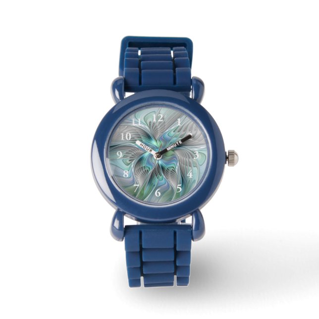 Abstract Blue Green Butterfly Fantasy Fractal Art Watch (Front)