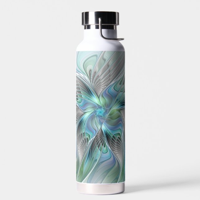 Abstract Blue Green Butterfly Fantasy Fractal Art Water Bottle (Left)