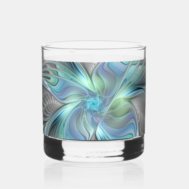 Abstract Blue Green Butterfly Fantasy Fractal Art Whiskey Glass (Left)