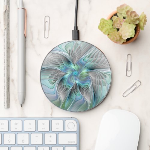 Abstract Blue Green Butterfly Fantasy Fractal Art Wireless Charger