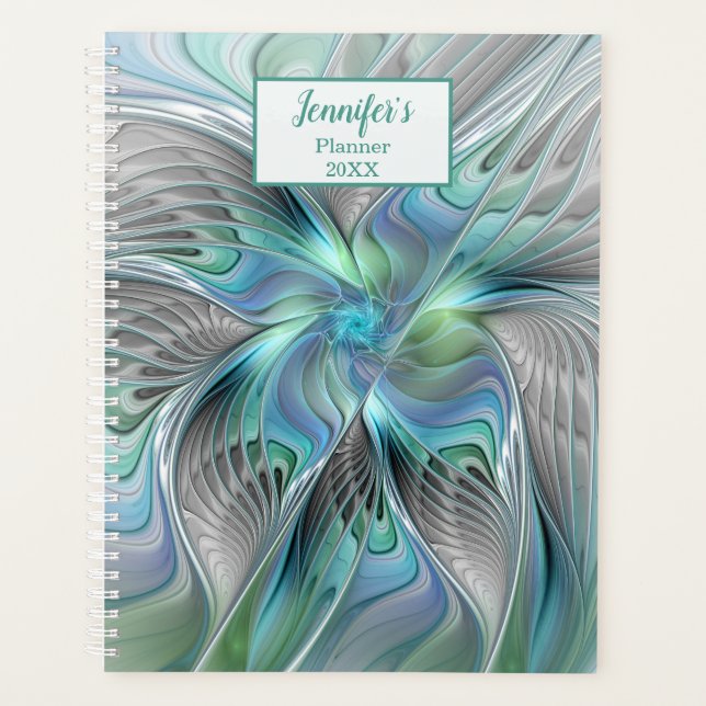 Abstract Blue Green Butterfly Fantasy Fractal Name Planner (Front)