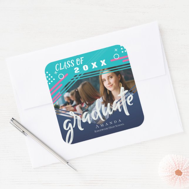 Abstract Blue Green Class Of 2023 Photo Graduation Square Sticker (Envelope)