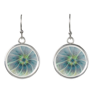 Abstract Blue Green Fractal Art Fantasy Flower Earrings