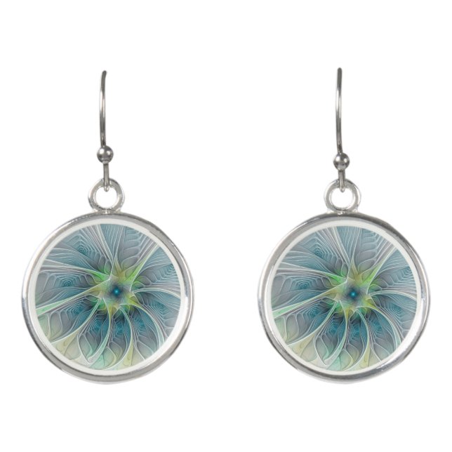 Abstract Blue Green Fractal Art Fantasy Flower Earrings (Front)