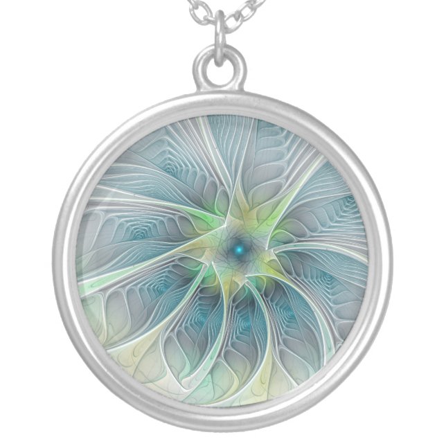 Abstract Blue Green Fractal Art Fantasy Flower Silver Plated Necklace (Front)