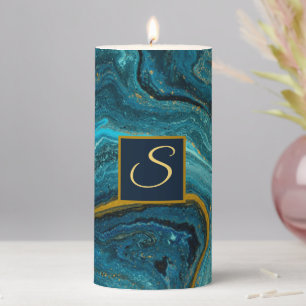 Abstract Blue Green Gold Dust Marble Monogram Pillar Candle