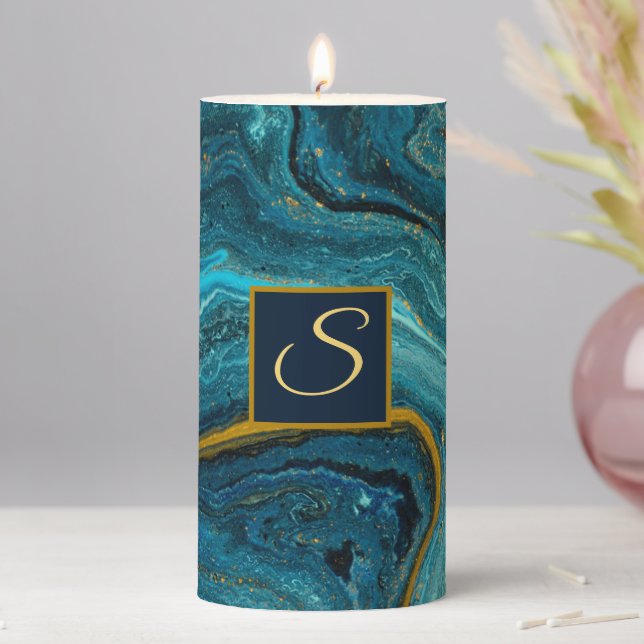 Abstract Blue Green Gold Dust Marble Monogram Pillar Candle (In Situ)