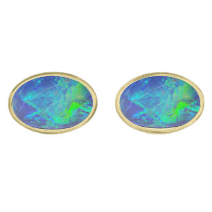 ABSTRACT BLUE GREEN OPAL Photo Gold Cufflinks