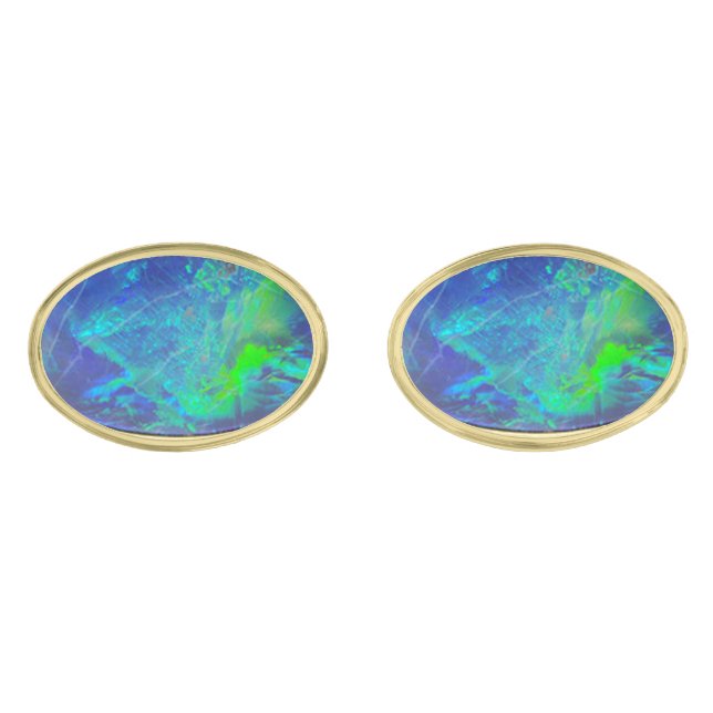 ABSTRACT BLUE GREEN OPAL Photo Gold Cufflinks (Front)