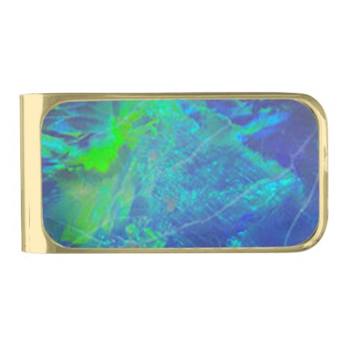 ABSTRACT BLUE GREEN OPAL PHOTO GOLD FINISH MONEY CLIP