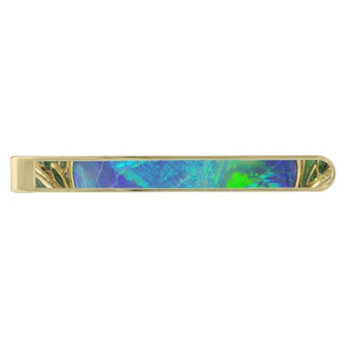ABSTRACT BLUE GREEN OPAL PHOTO GOLD FINISH TIE CLIP