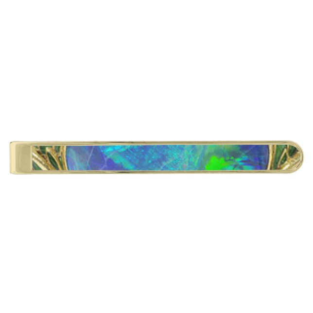 ABSTRACT BLUE GREEN OPAL PHOTO GOLD FINISH TIE CLIP (Front)