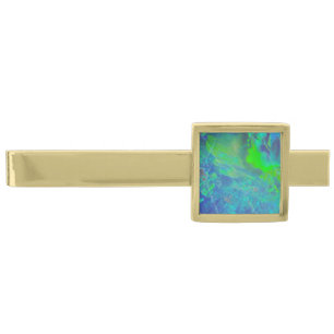 ABSTRACT BLUE GREEN OPAL PHOTO GOLD FINISH TIE CLIP