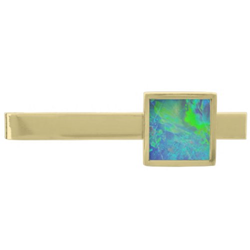 ABSTRACT BLUE GREEN OPAL PHOTO GOLD FINISH TIE CLIP