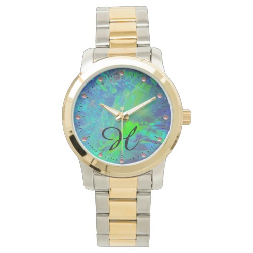 ABSTRACT BLUE GREEN OPAL PHOTO MONOGRAM WATCH