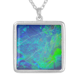 ABSTRACT BLUE GREEN OPAL PHOTO SILVER PLATED NECKLACE