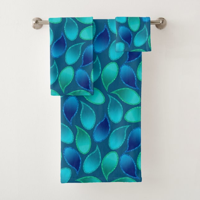 Abstract blue green teal peacock rain drop pattern bath towel set (Insitu)