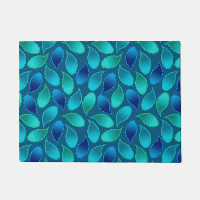 Abstract blue green teal peacock rain drop pattern doormat (Front)