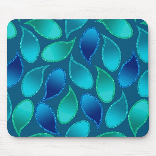 Abstract blue green teal peacock rain drop pattern mouse pad (Front)