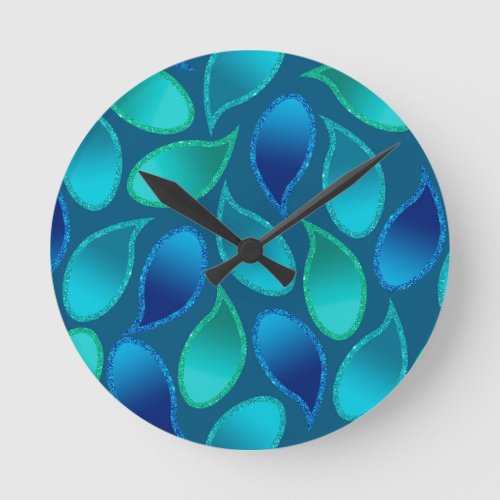 Abstract blue green teal peacock rain drop pattern round clock