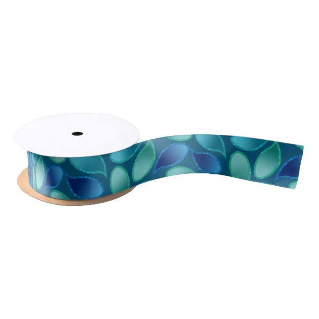 Abstract blue green teal peacock rain drop pattern satin ribbon (Spool)
