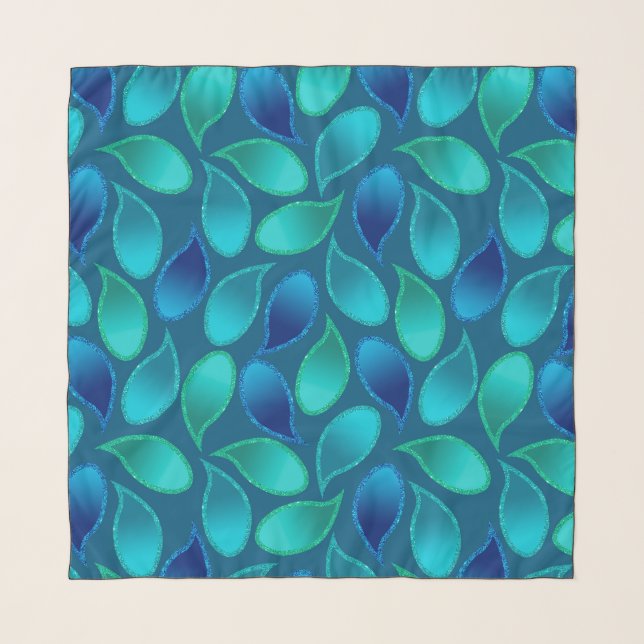 Abstract blue green teal peacock rain drop pattern scarf (Front)