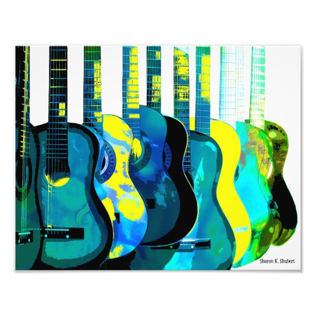 Abstract Blue Green & Yellow Guitars Art Print (Front)