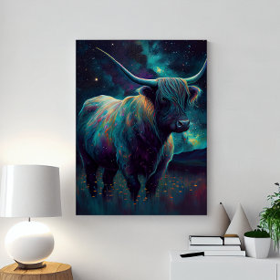 Abstract Blue Highland Cow In A Pasture At Night  Canvas Print