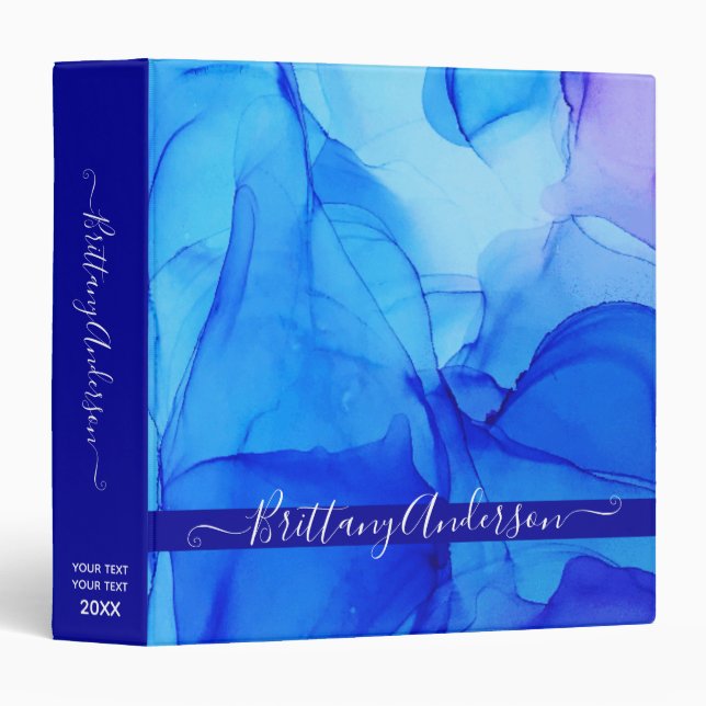 Abstract Blue Indigo Elegant Custom Name 3 Ring Binder (Front/Spine)