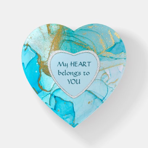 Abstract Blue Ink Gold Glitter Heart Paperweight