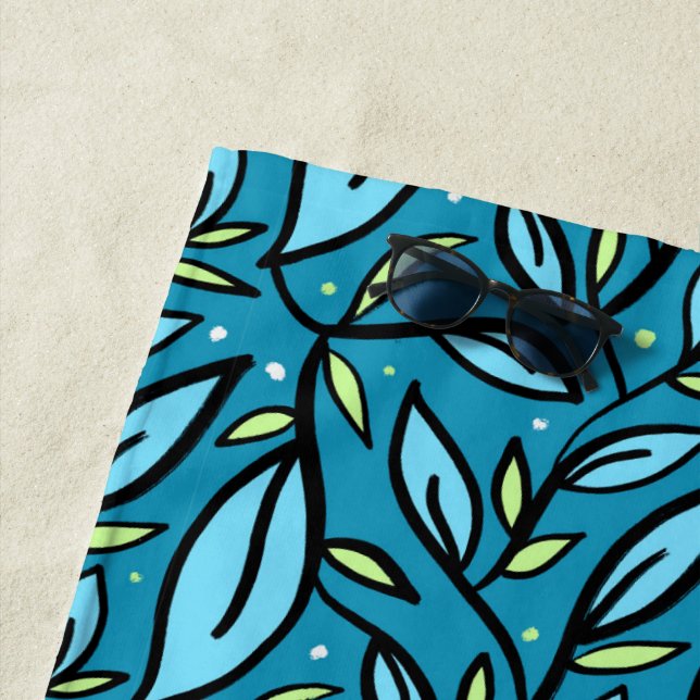 Abstract Blue Leaves Shower Curtain Beach Towel (In Situ)