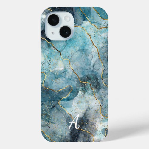 Abstract Blue Liquid Watercolor Marble Background iPhone 15 Case