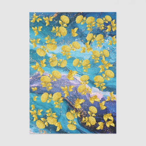 Abstract Blue Marble Drifting Gold Foil Florals Tissue Paper