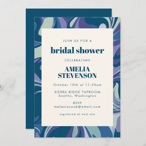 Abstract Blue Marble Swirl Stylish Bridal Shower Invitation