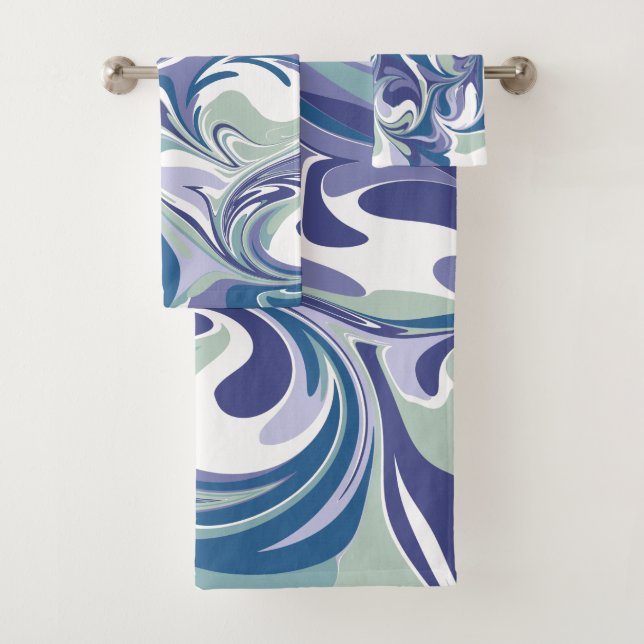 Abstract Blue Marble Swirl Stylish Personalized Bath Towel Set (Insitu)