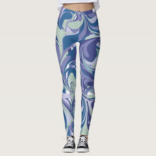 Abstract Blue Marble Swirl Stylish Personalized Leggings (Front)