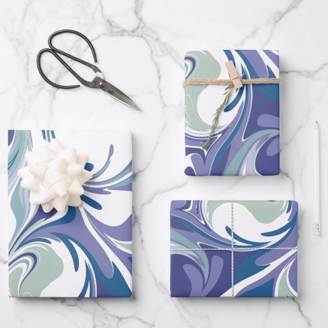 Abstract Blue Marble Swirls Pattern Wrapping Paper Sheets (Front)