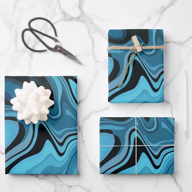 Abstract Blue Marble Wave Design Wrapping Paper Sheets (Front)