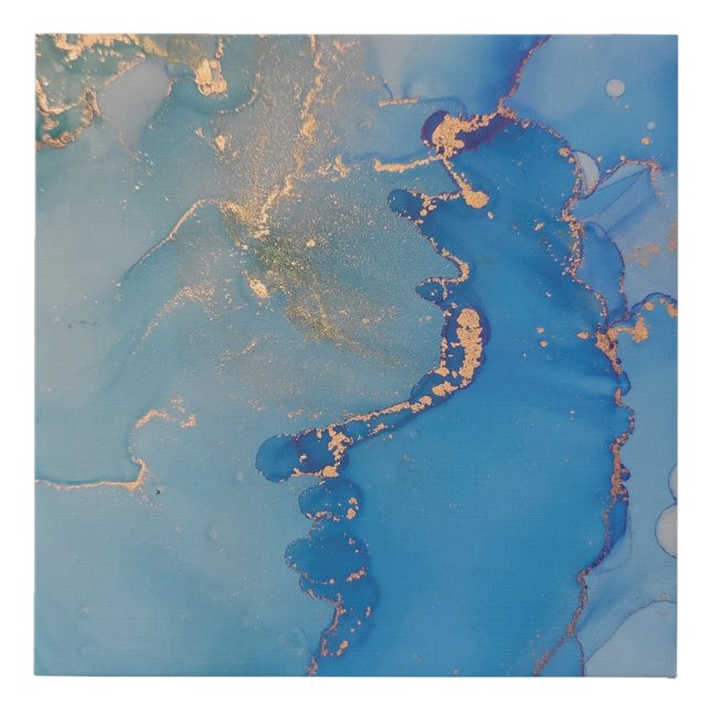 Abstract blue marble with glitter gold faux canvas print (Front)