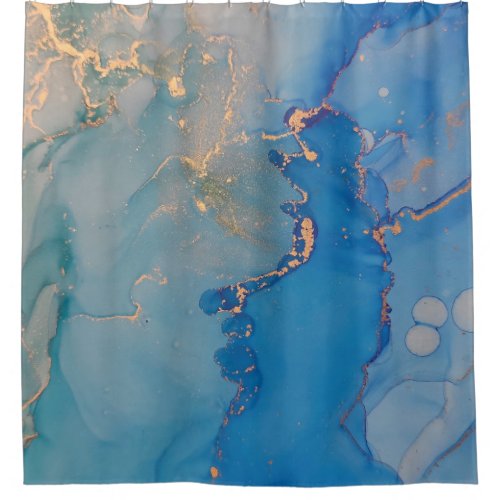 Abstract blue marble with glitter gold shower curtain