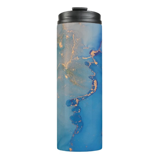 Abstract blue marble with glitter gold thermal tumbler (Front)