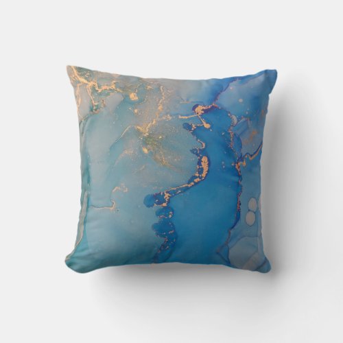 Abstract blue marble with glitter gold throw pillow