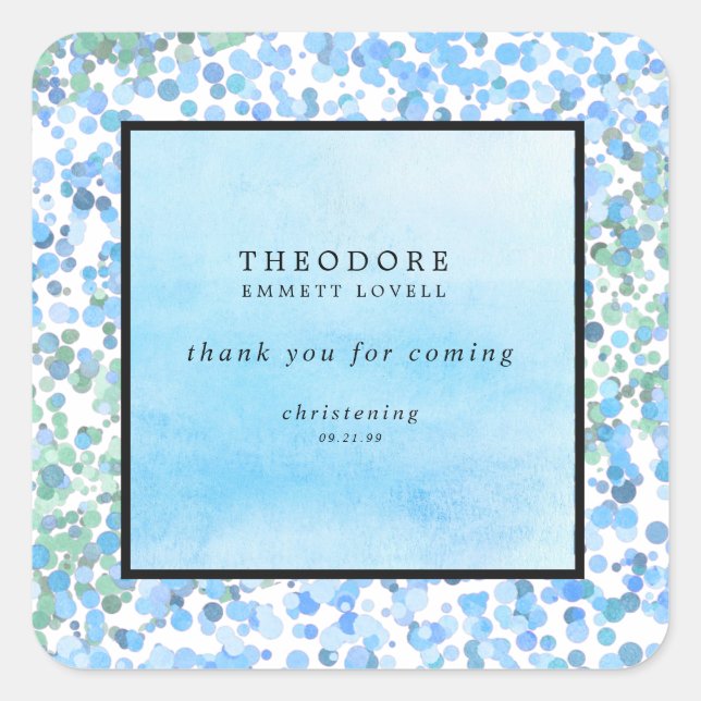 Abstract Blue Modern Christening Thank You Square Sticker (Front)