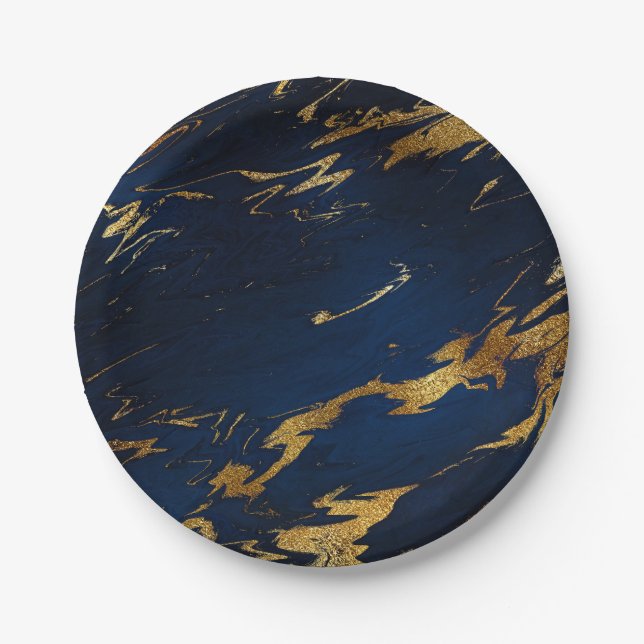 Abstract Blue Navy Marine Marble Party Vip Paper Plates (Front)