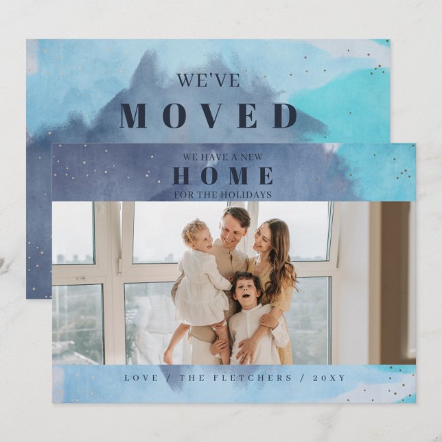 Abstract Blue New Home for Holidays Photo Moving Holiday Card (Front/Back)