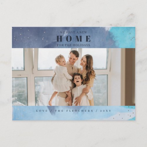 Abstract Blue New Home for Holidays Photo Moving Postcard