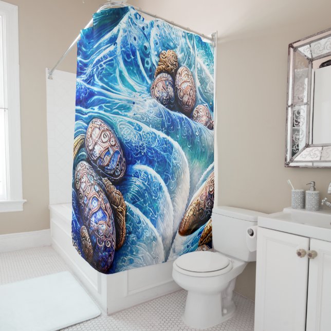 Abstract Blue Ocean Wave Marble Agate Gold Art Shower Curtain (In Situ)
