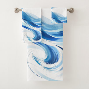 Abstract Blue Ocean Waves Artistic Summer Bath Towel Set